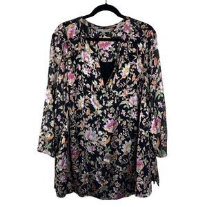 Daniel Rainn 2X Black Floral‎ Burnout Peasant Top – Sheer 3/4 Sleeves, Boho